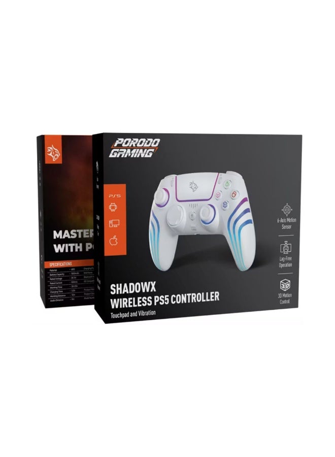 porodo ShadowX Wireless Controller – Bluetooth 5.3, For Android / iOS / PC / PS5, RGB Adjustable Brightness, Built-in Speaker, Turbo Mode, USB-C Charging-White - Image 3